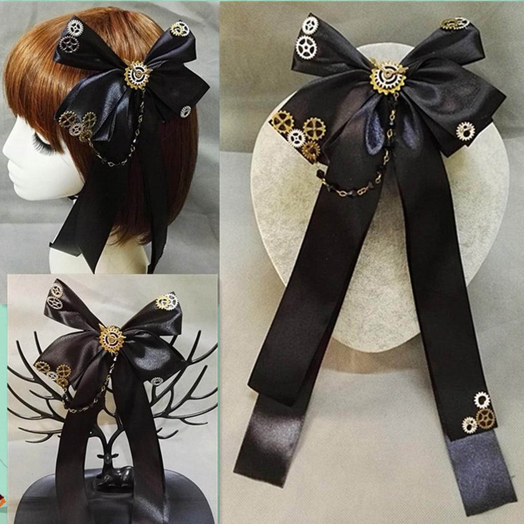 Steampunk Gear Bowknot Hair Clip for Female LolitaStyle Black Ribbon Hairclip Girl Hairstyle Accessories Costume Hairpin