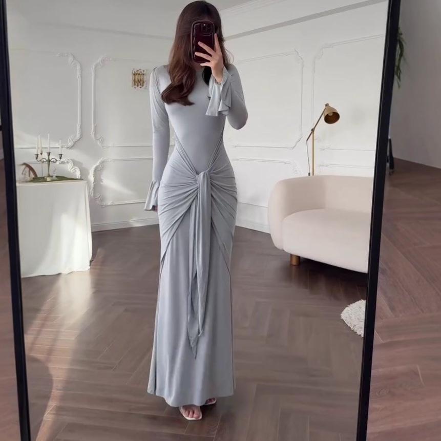 2025 Summer European & American Women's Tie Waist Long Sleeve Slimming Dress
