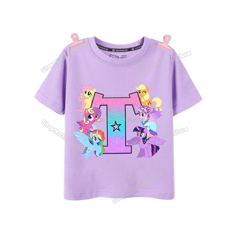 My Little Pony Girl T Shirt Twilight Sparkle Letter AZ TShirts Cartoon Kids Short Sleeve Tee Tops Casual Children Clothes