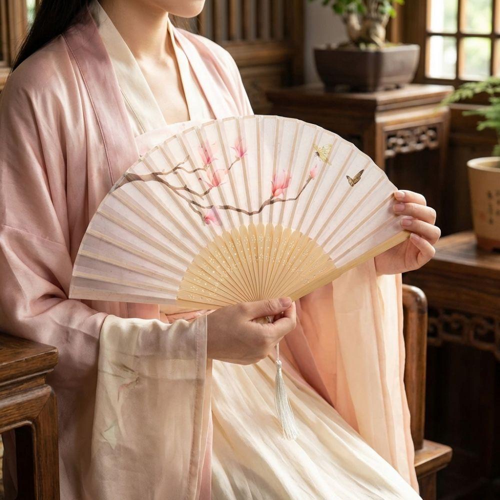 Antique Traditional Dance Fan Bamboo Frame Handheld Fan Elegant Folding Fan  Cheongsam Matching