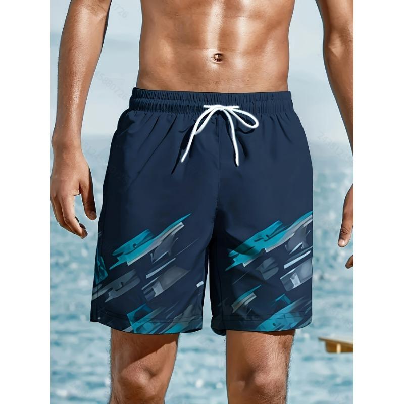 Men s Geometric Beach Shorts - navy with turquoise accents, swim shorts for the pool, vacation and casual wear S