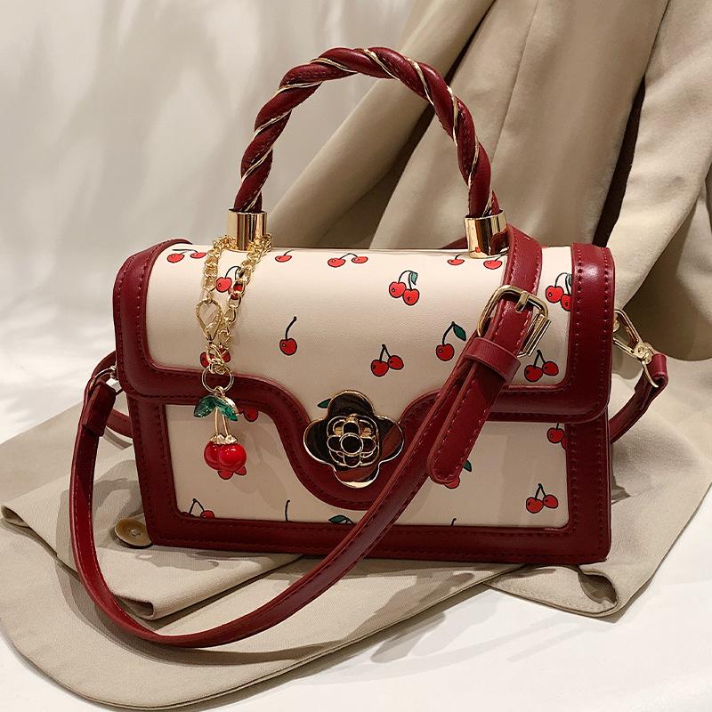 Small Shoulder Bag for Women Cute Cherry Pattern Coquette Aesthetics Crossbody Bags Faux Leather Flap Square Handbag