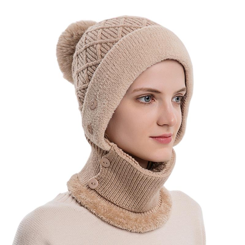 Hat and scarf integrated women's autumn and winter warm knitted hat cycling fleece pullover hat windproof ear protection wool hat