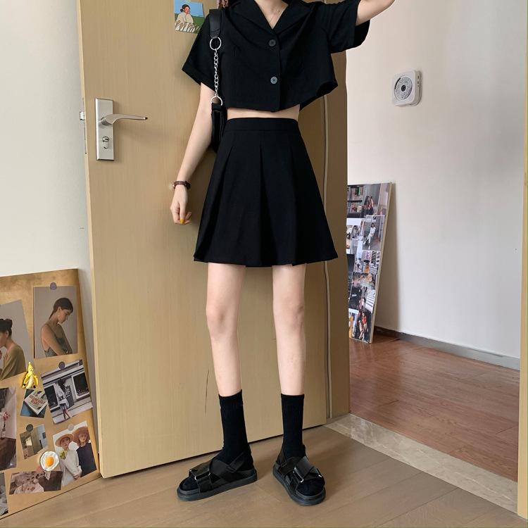 Suit Women's High-waisted A-word Pleated Short Skirt Summer Korean Version Black JK Skirt Women's Suit Skirt Two-piece Skirt