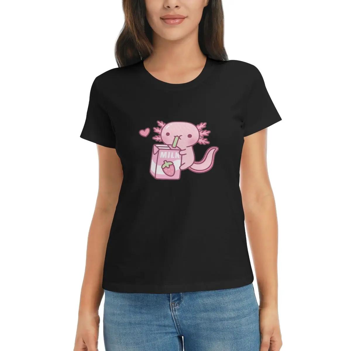 

Women TShirt Cute Axolotl Loves Strawberry Milk Doodle Summer Short Sleeve Tees Crew Neck T Shirts Clothes Tops Streetwear 4XL