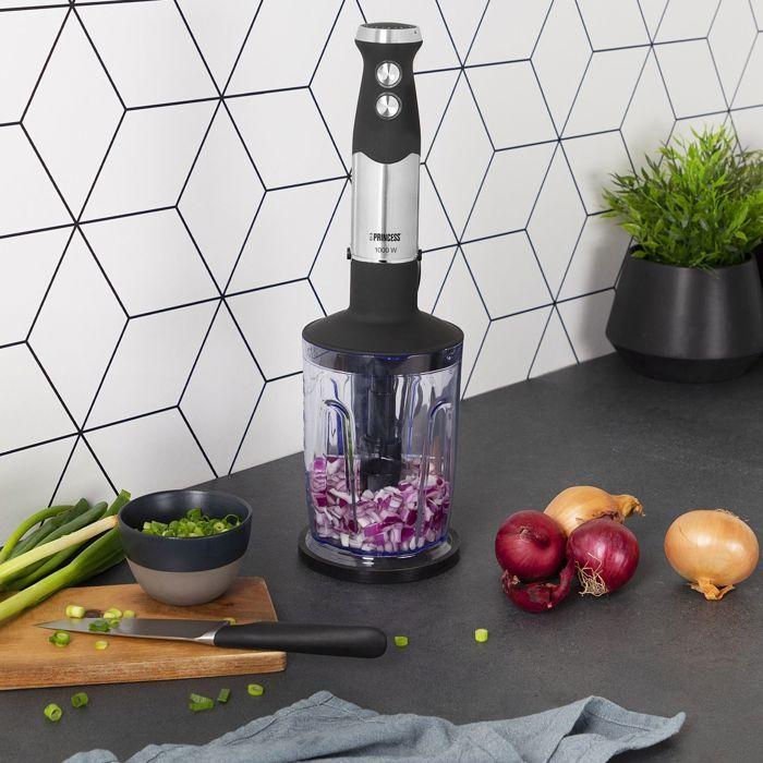 Princess 221221 Immersion Blender - 1000 Watts - 4 Blades - 25 Cm Stainless Steel Foot and Soft Touch Handle - with Measuring Cup