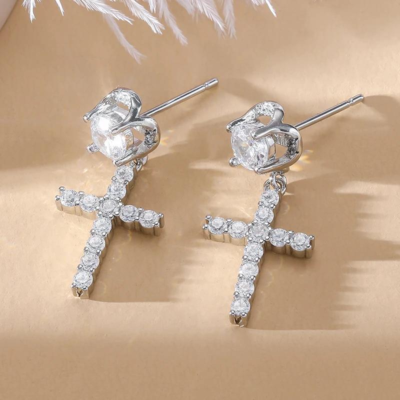 Jianjie Light Luxury Men's Brilliant Zircon Cross Hoop Pendant Earrings Charming Delicate Banquet New Jewelry Trend Tide