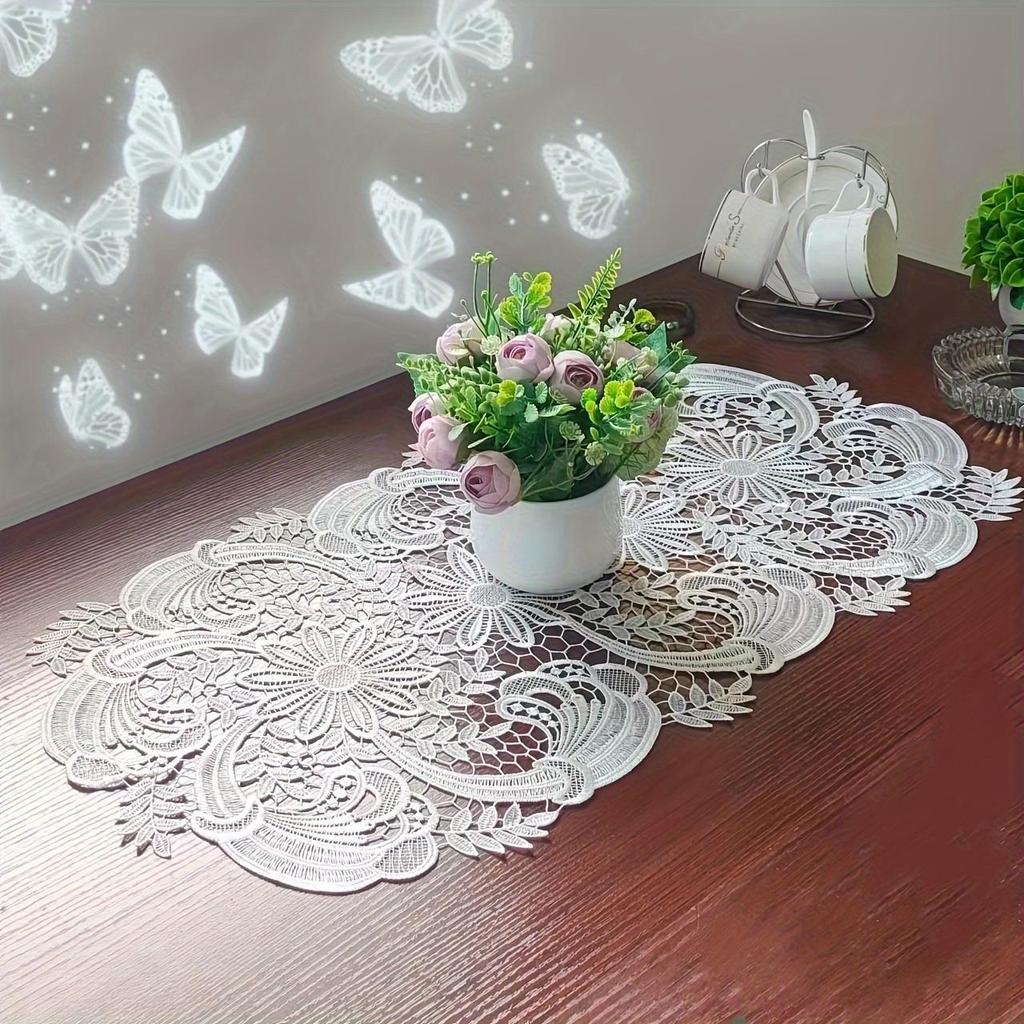 Elegant White Velvet Lace Oval Tablecloth Table Mat - Floral Pattern Polyester Tablecloth, Suitable for Catering, Coffee and Home Decor, Perfect