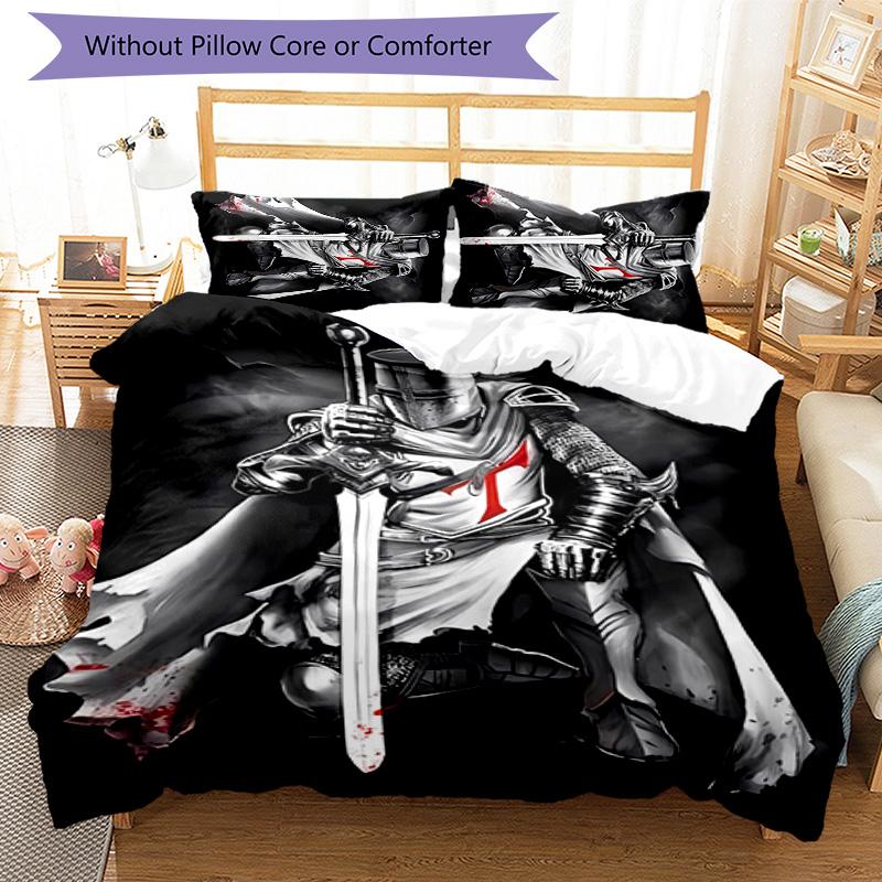 3pcs Knights Templar Pattern Bedding Set Duvet Cover Set Includes Duvet Cover &pillowcases, Perfect All Season Bedroom Decoration & Gift