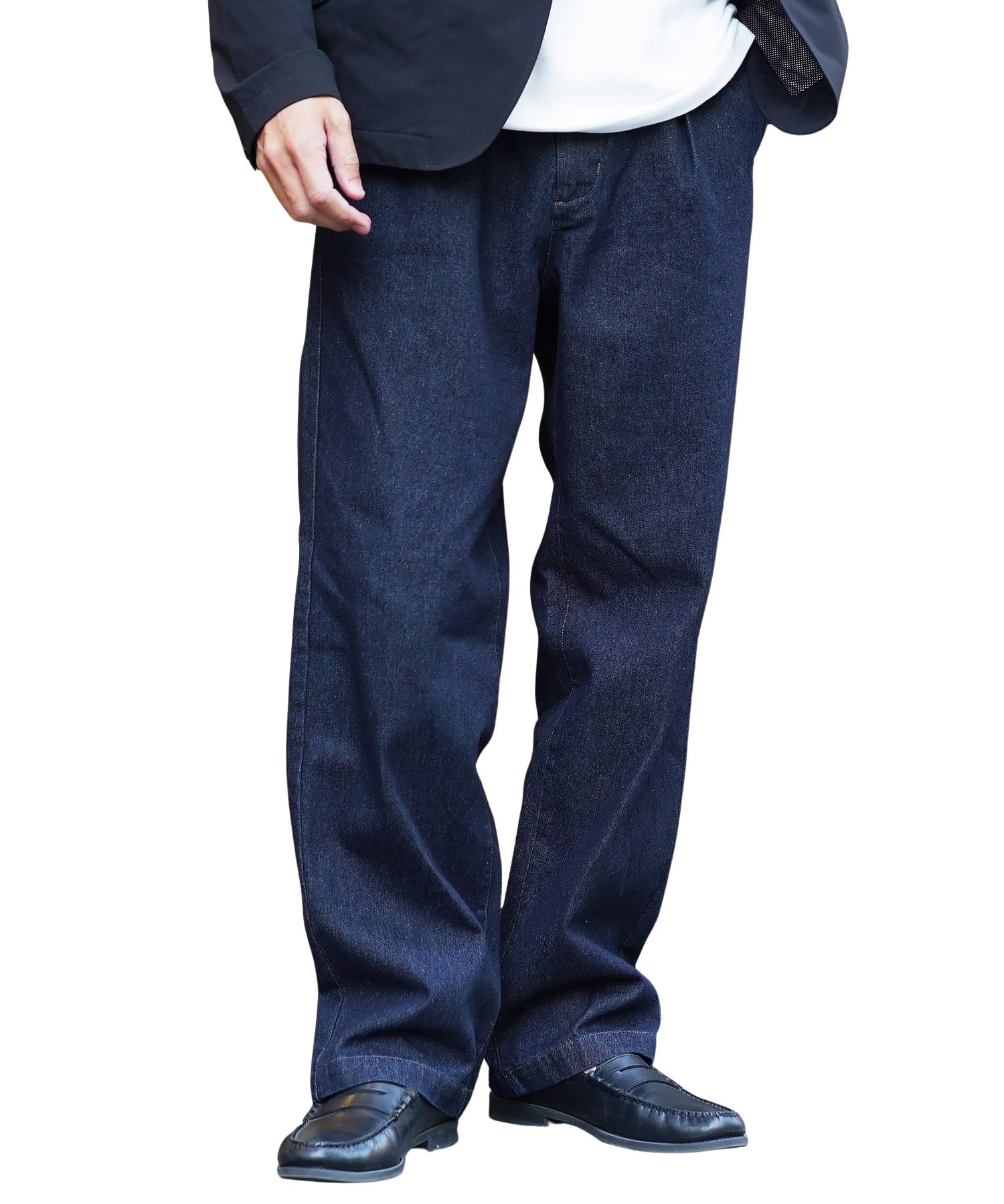 Denim Tuck Wide Pants Size L Indigo Easy Wide Leg Easy Relaxed Winter [JIGGYS SHOP] Light-Weight Pants, Jeans, Black, Fit, Fit, Trendy, Washable,