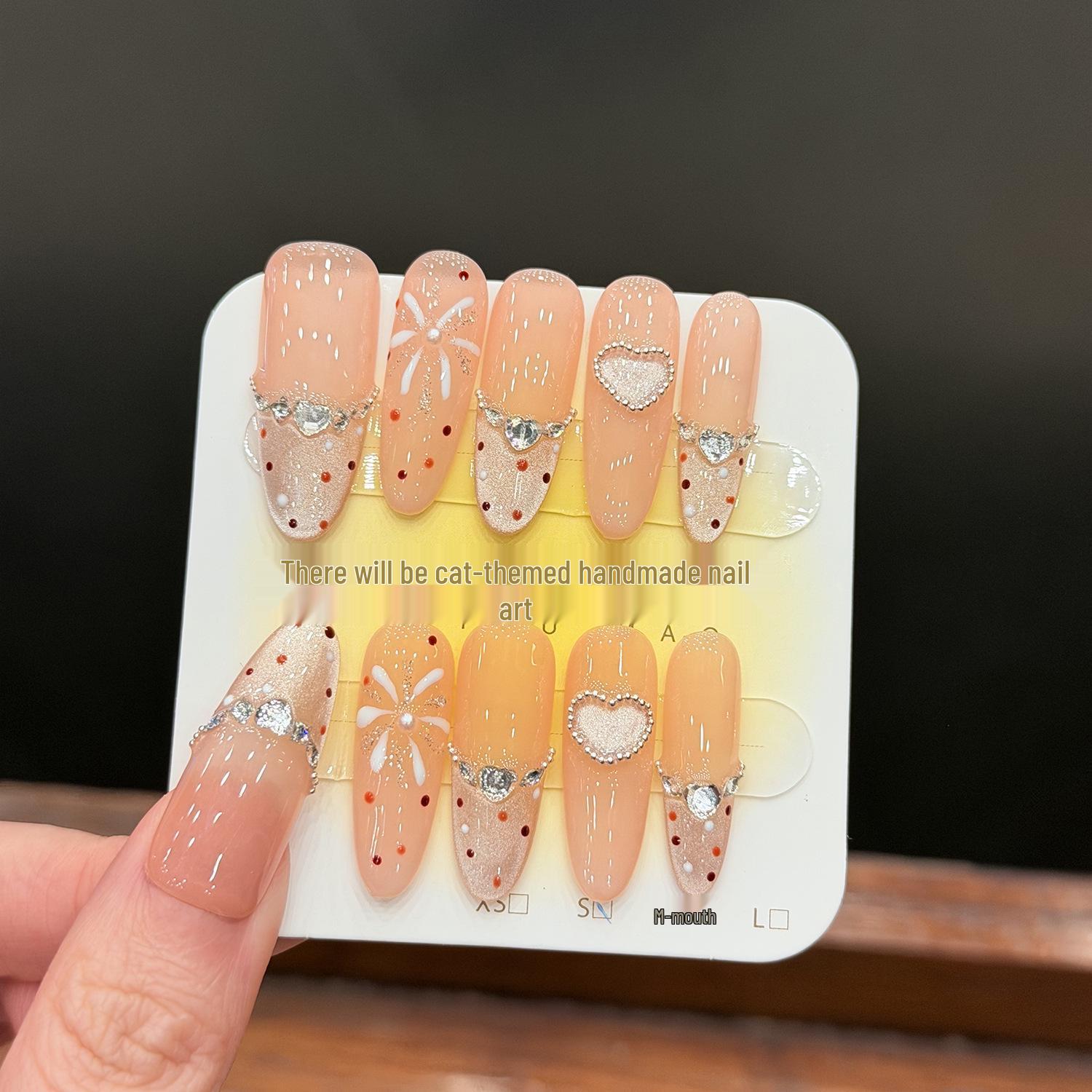 Sweetheart Secret Realm Cat Eye Rhinestone Nails - Festive, Flashy & Handmade S-Long Oval