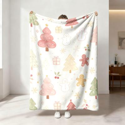 Watercolor Christmas Pattern Flannel Blanket Multi Sizes Soft Casual Sofa Cover Light Nap Blanket For Office Break Xmas Indo