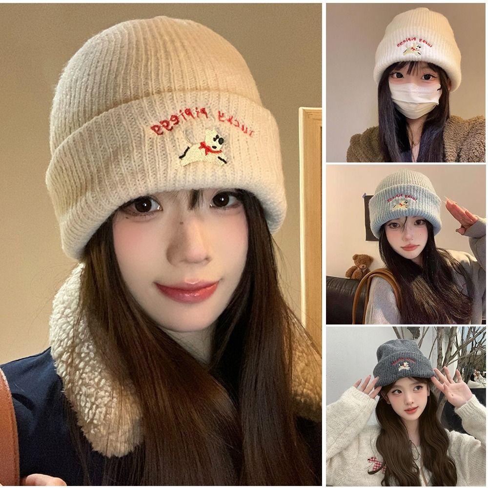 Puppy Embroidery Winter Knitted Hat Winter Warm Crochet Bonnet Hat Cute Beanie Cap