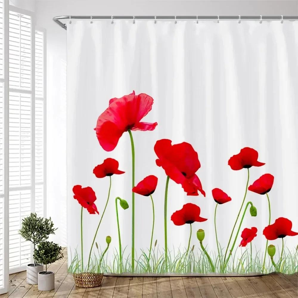Ensemble de Rideaux de Douche Floraux Peints à la Main Fleurs Aquarelle Plantes Coquelicots Papillon Simple Polyester Décor de Salle de Bain Nordique Crochets