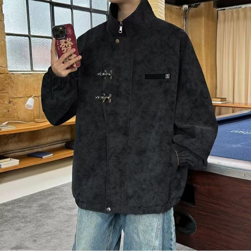 Mens Stand Collar Faux Leather Jacket Thickened Workwear Style Retro Biker Coat