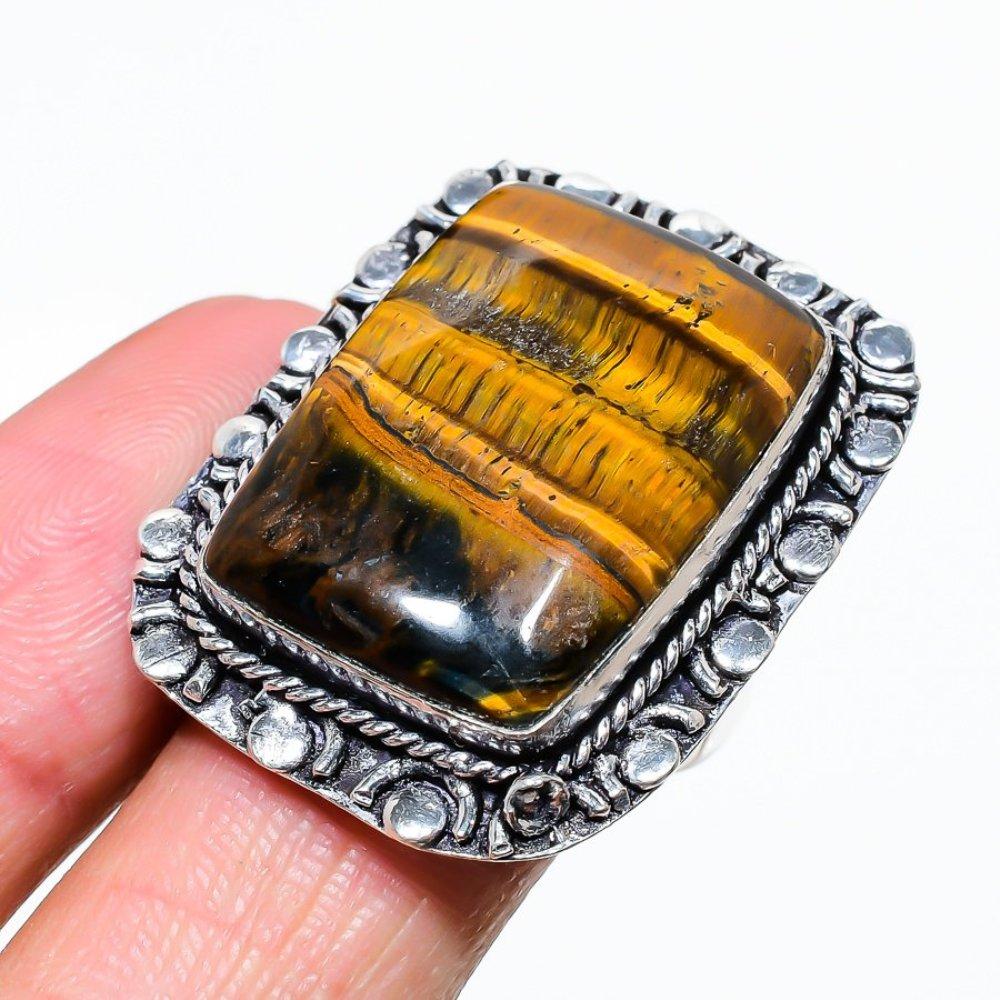 Gema Olho de Tigre Prata Esterlina 925 Presente Joia Anel Tamanho 8