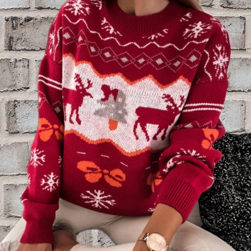

Women s Christmas Round Neck Long Sleeved Knitted Sweater One Size красный