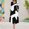 Women s Plus Size V Neck Long Sleeve Printed Black Purple A Line Midi Dress With Pockets
