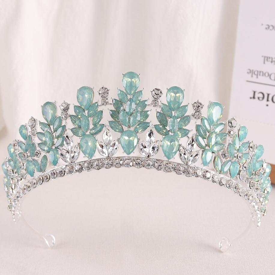 DIEZI Luxury Green Opal Crystal Flower Water Drop Tiara Crown Women Wedding Party Elegant Bridal Bride Crown Hair Accessories