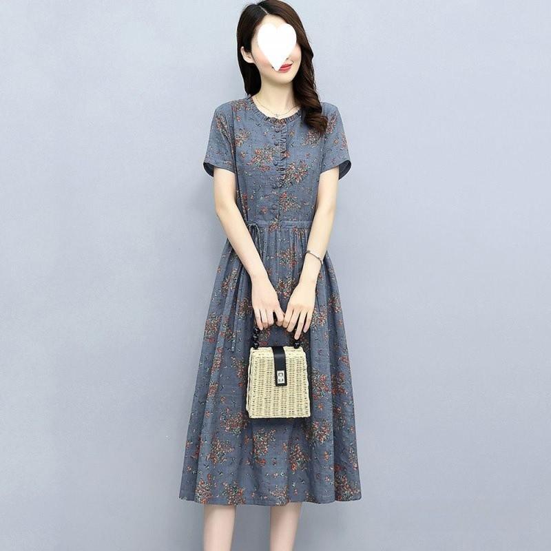 Cotton Linen Floral Midi Dress With Ruffle Details For Summer Streetwear
