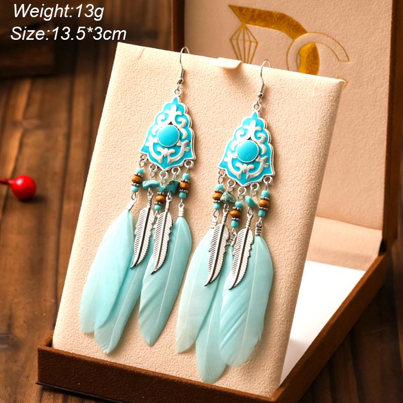 Blue Fashion Boho Temperament Water Drop Feather Earrings for Women Long Crystal Rhinestone Drop Oil Dangle Earring Jewelry