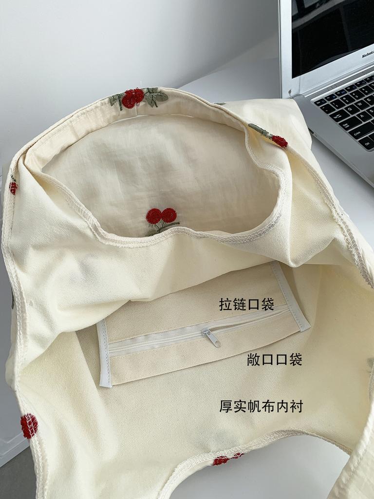 Embroidered Cherry Female Canvas Shoulder Bag Large Capacity Female College Girls Vest Bag Handbags Sweet Bow Ladies Tote Bags