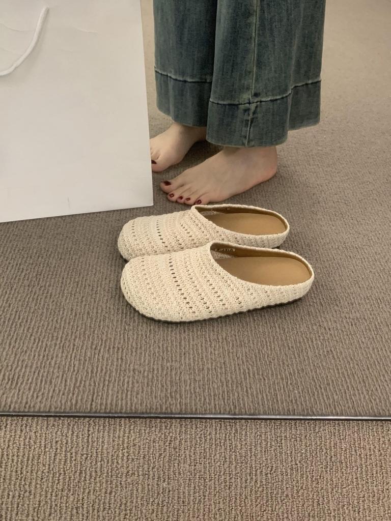 French Niche Hand-woven Hollow Breathable Bag Head Half Slippers Women's Summer Wear Roman Style Thick-soled Muller Shoes