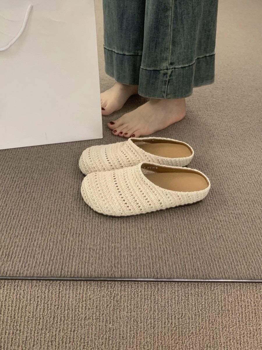 

French niche hand-woven hollow breathable bag head half slippers women s summer wear Roman style thick-soled Muller shoes 35