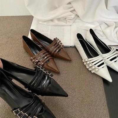 2024 Novos 2024 Primavera Mulheres Sapatos Mary Jane 2024 Faixa Fina Raso Pontudo Toe Senhoras Elegantes Sapatos de Salto Baixo Mulher Slip on Bombas