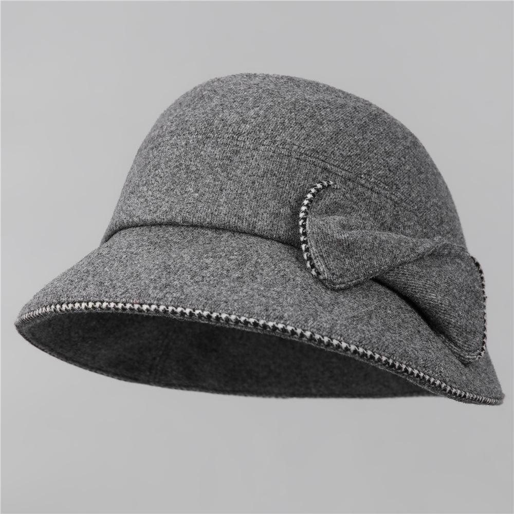 Mom Winter Warm Bucket Hat with Lace Bow, Woolen Thickened for Grandma M(56-58cm) серый