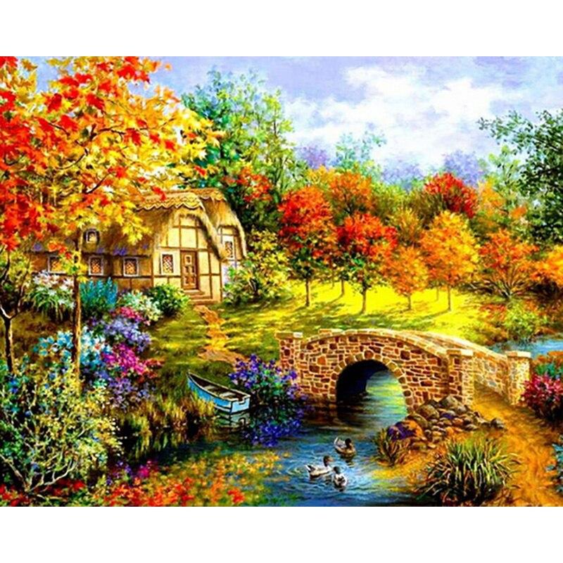 Pictură cu diamant 5D DIY, peisaj, casă, broderie cu diamant, peisaj, punct de cruce, burghiu rotund complet, decor cadou manual