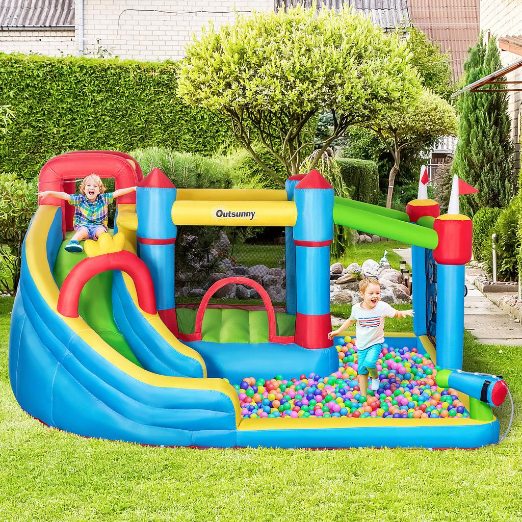 6 In 1 Kids Bouncy Castle, with Water Slide, Water Gun, Climbing Wall, Air Blower for Indoors/Outdoors, 3.9 X 3 X 2m