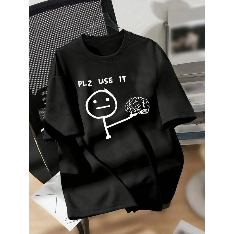 Women's Casual Graphic Tee - "Plz Use It" Cartoon Brain Design Short Sleeve Crew Neck Ladies T Shirts