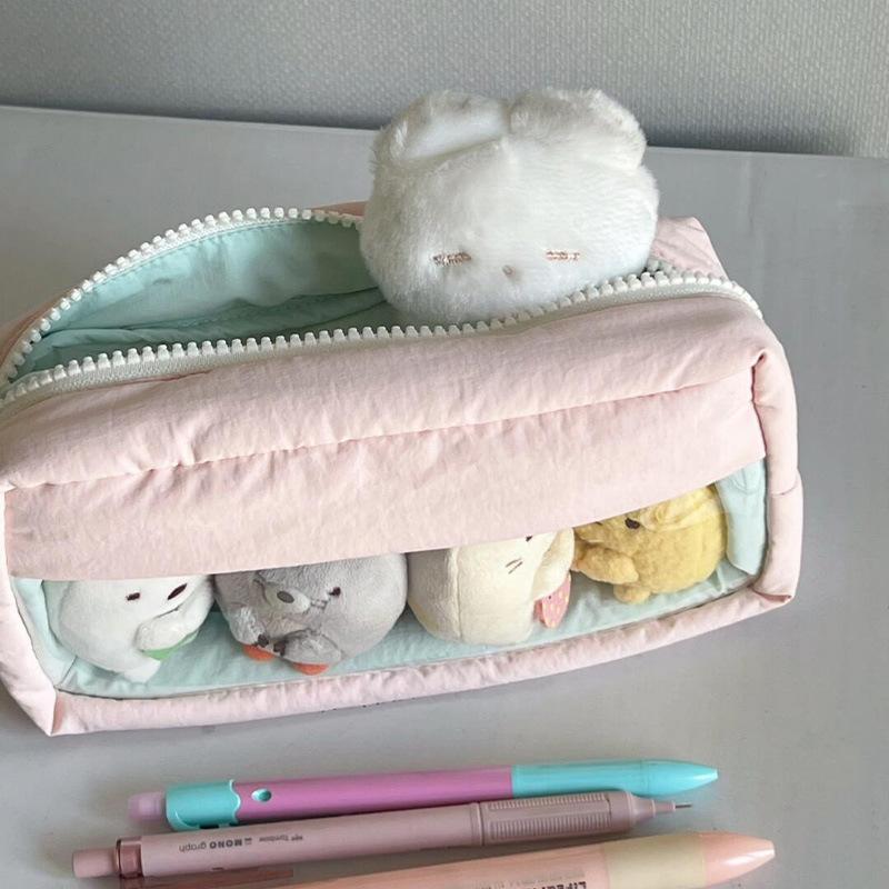 Causal Cute Pencil Case Tranpsarent Windows Badge Pin Displaying Stationery Organizer Large Capacity Pen Bag Back To School