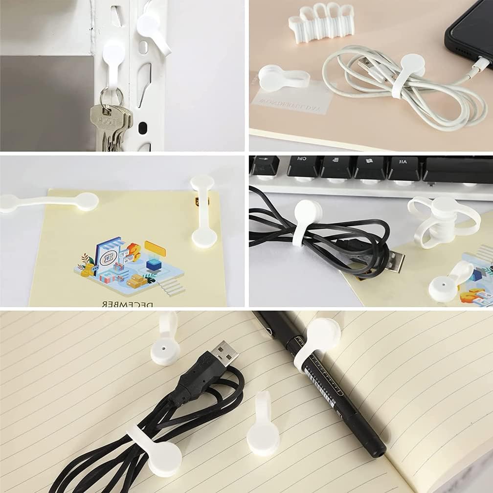 MAVEEK Cable Clips, New Magnetic Clips, Pack of 6, Cord Clips, Cord Winder, Earphone, USB Cable, Cord Storage, White