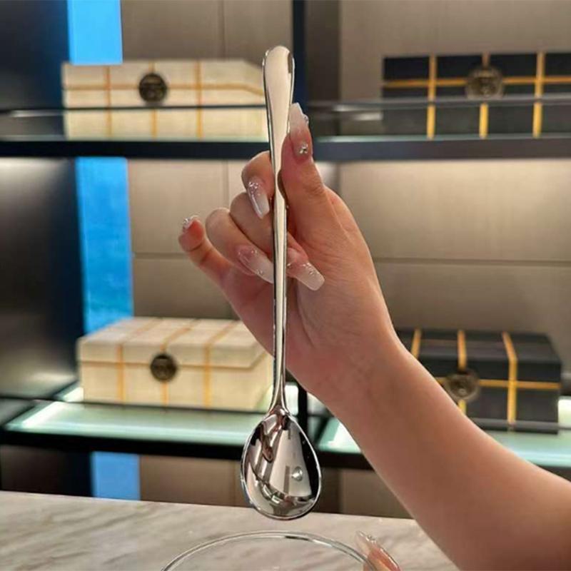 1Pieces Stainless Steel Round Spoon Net Red Golden Dinner Long Handle Stirring Dessert Spoons Outdoor Tableware