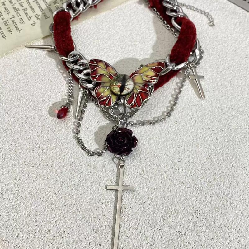 Vintage Y2K Halskette für Damen Mode Samt Schmetterling Quaste Kristall Kragen Halskette Gothische Ketten