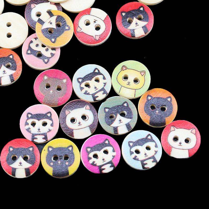 (100pcs/pack)15mm Wooden Cat Pattern Button Printing Cartoon Clothing Sewing Accessories Handmade Decoration Cat Clothes Toy