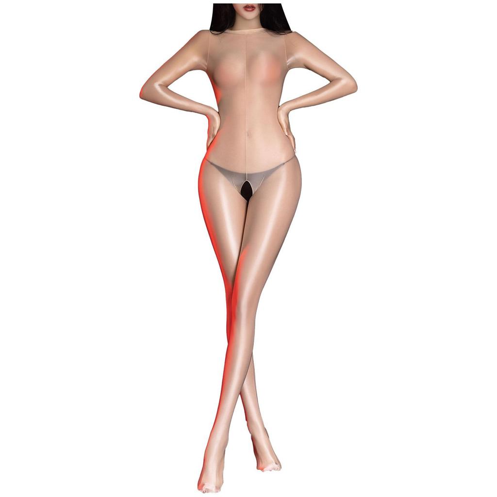 Women's Glossy Bodystocking Long Sleeve Bodysuit Sheer Jumpsuits Bodycon Bodystocking