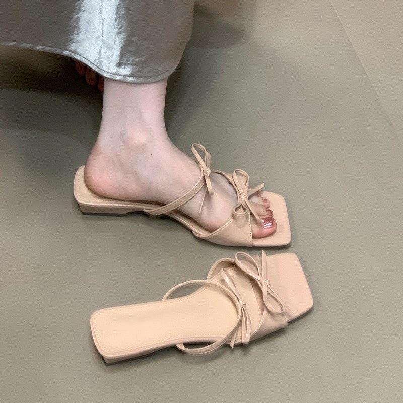 Temperament Square Head Thick Heel Sandals 2025 Summer Double Bow Fairy Style with Skirt Slippers
