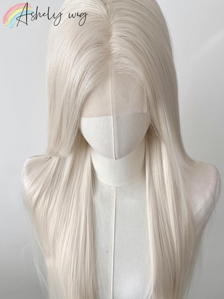 Platininė Perukė su Nėriniu Priekiu 13x4 Ilga Tiesi Balta Nėriniu Priekiu Perukai Aukštos Temperatūros Pluoštai Perukai Nėriniu Priekiu Priekinė Dalies Perukas Cosplay Perukas