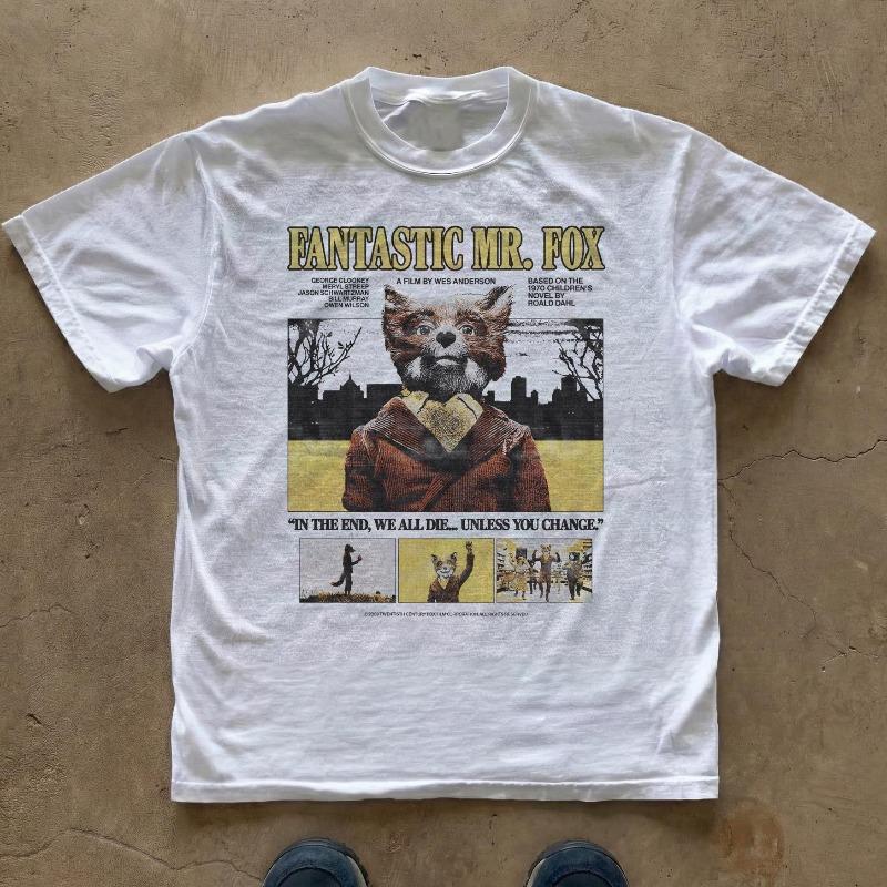 Unisex och Unisex Streetwear Kortärmad Klassiskt Film Mönster Bomulls T-shirt Magiska Herr Räv T-shirt Wes Anderson Retro Y2k