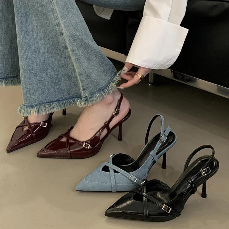 Fashion Street Style Sexy Buckle Strap Women Pumps Elegant Pointed Toe Thin High Heels Banquet Party Slingback Shoes Sandals