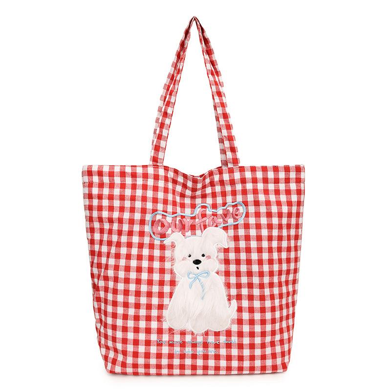 

Puppy Embroidered Checkered Printed Canvas Shoulder Bag Outdoor Crossbody Bag