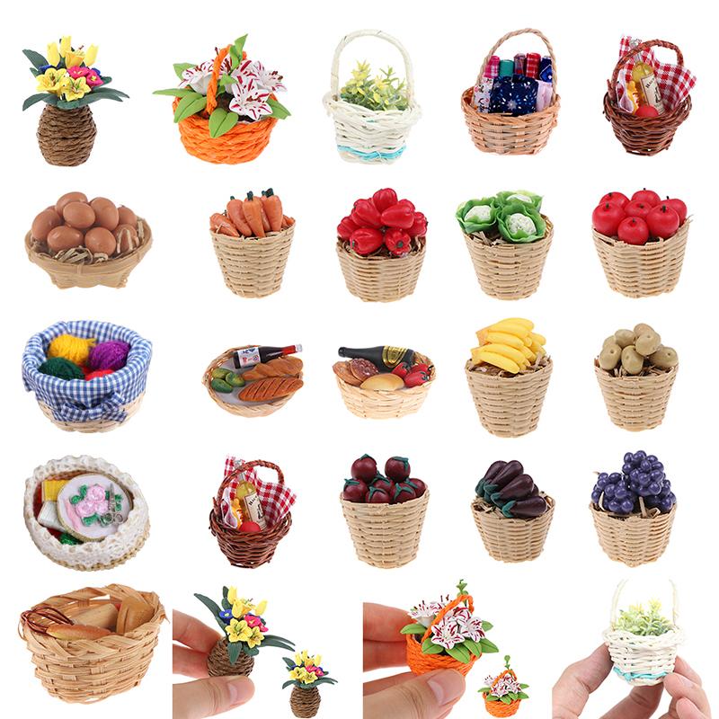1:12 Mini Simulation Artificial Fruits Vegetables Doll House Furniture Decor Bamboo Basket Miniature Accessory For Children Kids