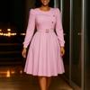 Neuer Rundhals-Langarm-Rock mit hoher Taille in A-Linie - Elegantes einfarbiges Partykleid