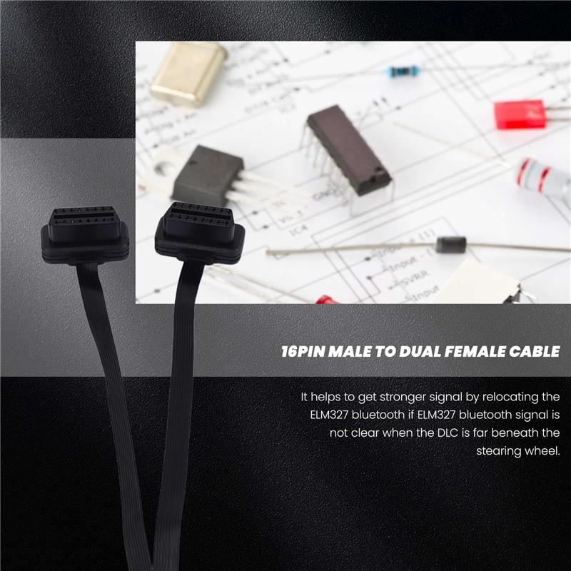 OBDII Extension Dual Connector Y Splitter OBD OBD2 16PIN Male To Female Connection Flat+Thin For ELM327