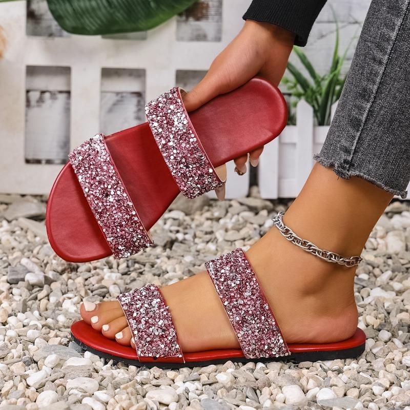 Flat Sequined Round Toe Women's Slippers Summer Casual Beach Slippers Women