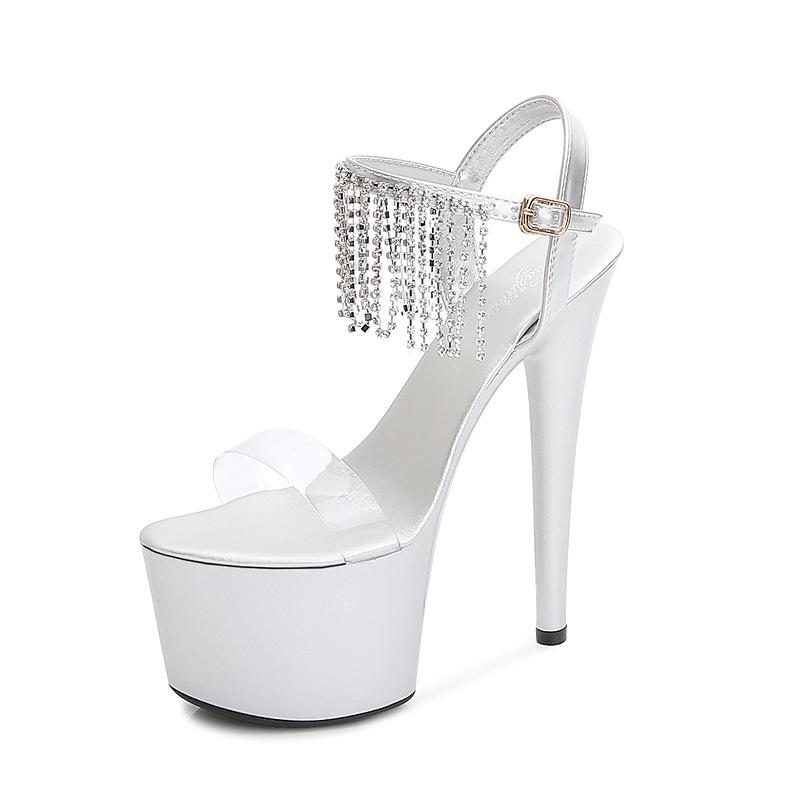 

Женские туфли на шпильке. Сексуальные подиумные модные сандалии с бахромой. Серия 181. Каблук 16,5 см. Платформа 7 см LFD. 43 серебряный