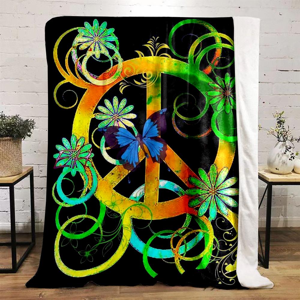Colorful Peace Sign with Butterfly Design Flannel Blanket for Bedroom, Living Room, Sofa, and Nap Sofas.